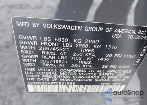 2026 Volkswagen Atlas Sel Premium R-Line z USA, uszkodzony, nr VIN 1V2FN2CA6TC521589